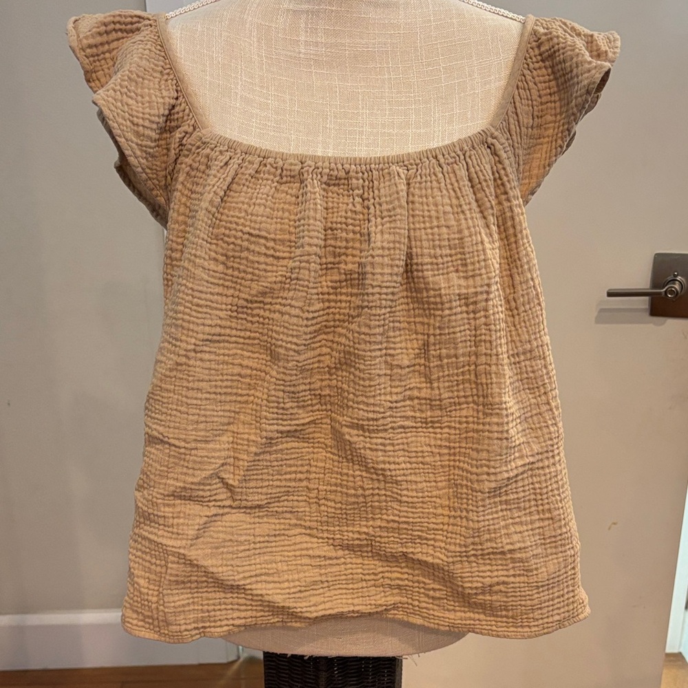 Ann Taylor Double Gauze Ruffle Sleeve Square Neck Top in Sand/Beige — Size XL